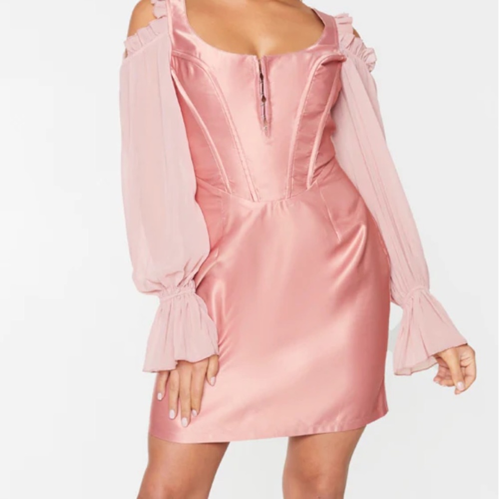 Rose Satin Mesh Cold Shoulder Corset Dress